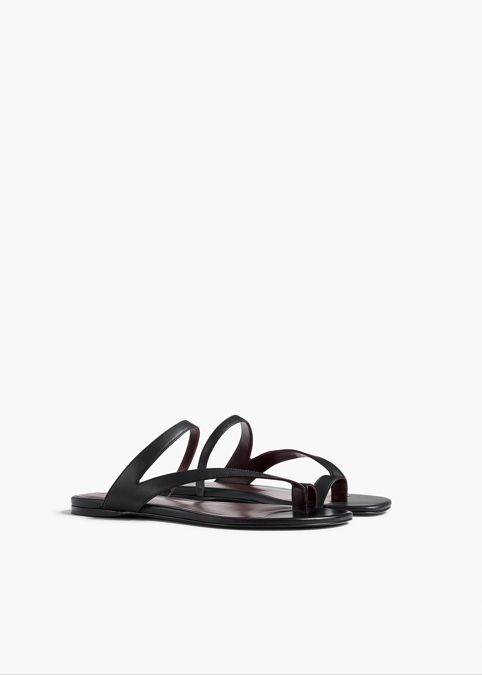 Aimee Flat Sandal in Black Leather ANGLED VIEW