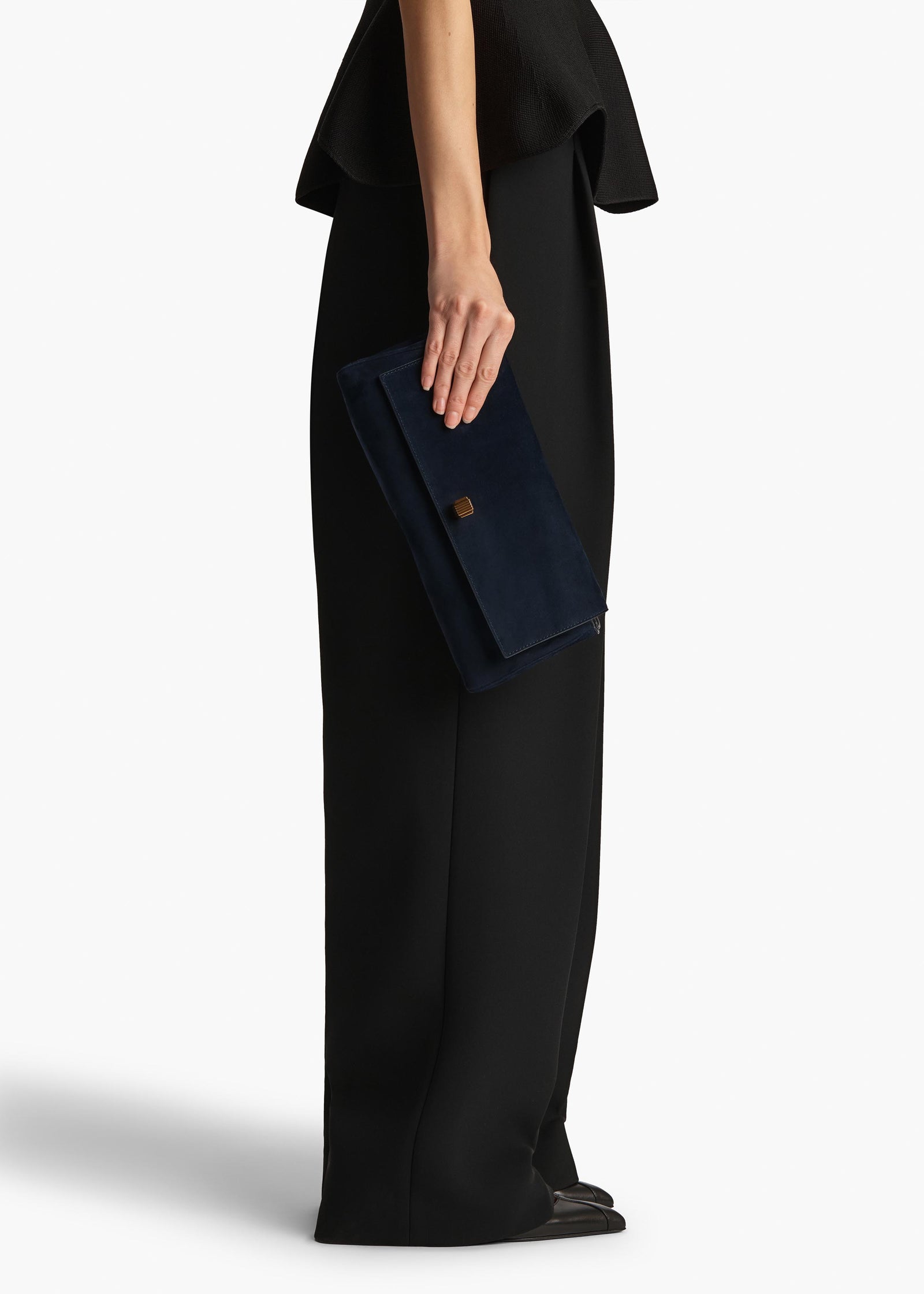  Audrey Clutch in Midnight Suede ON FIGURE