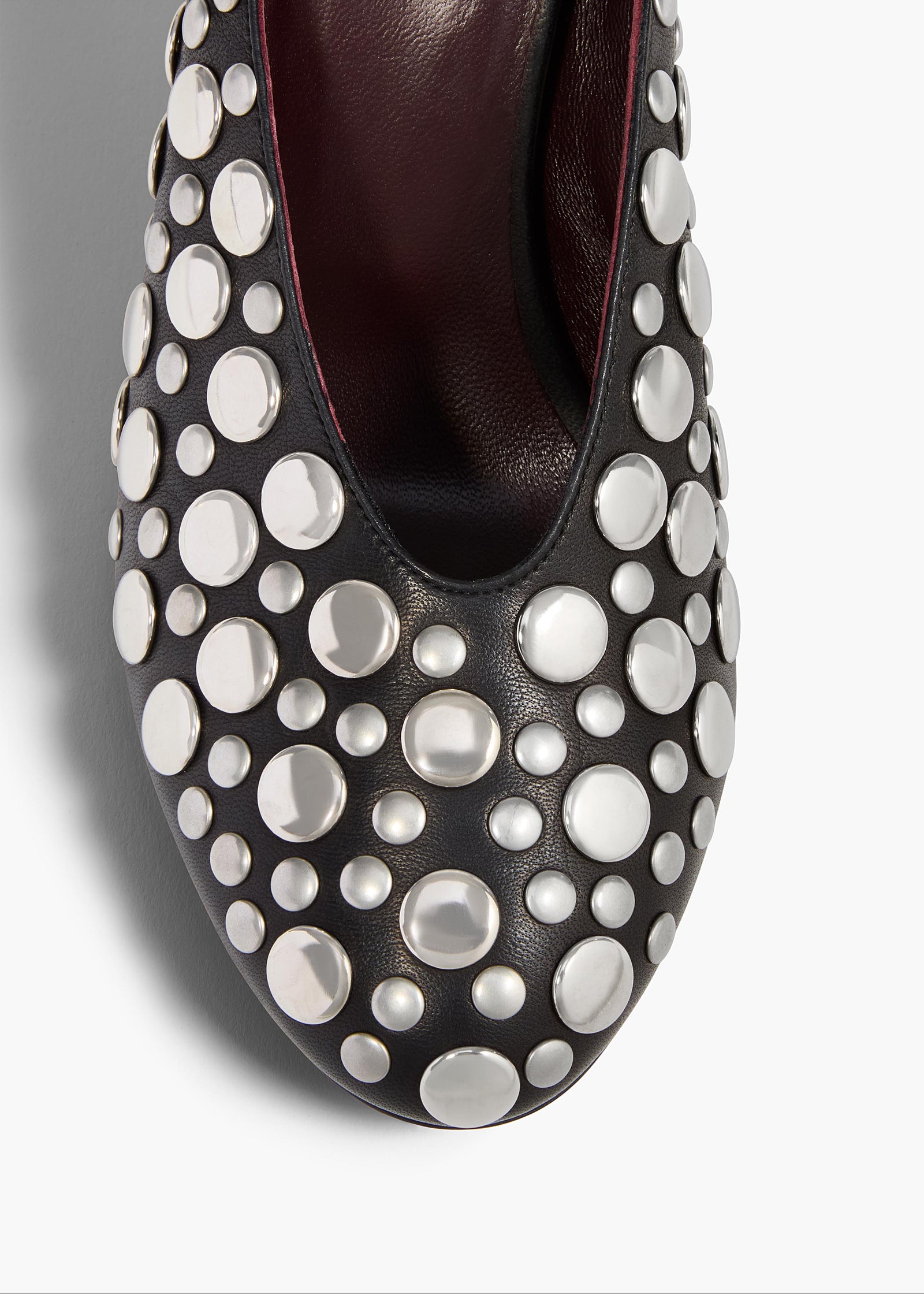 Cloak Mule in Black Leather with Silver Studs OVERHEAD VIEW