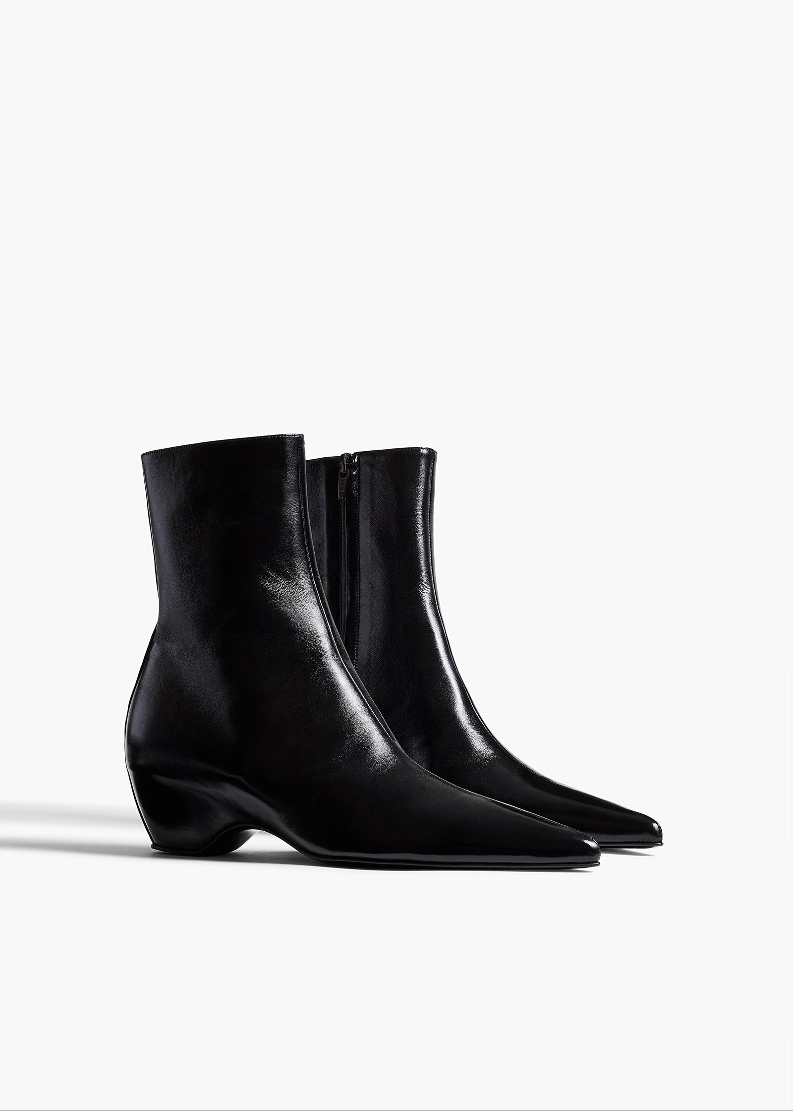 Sybil Ankle Boot in Black Glazed Leather ANGLED VIEW