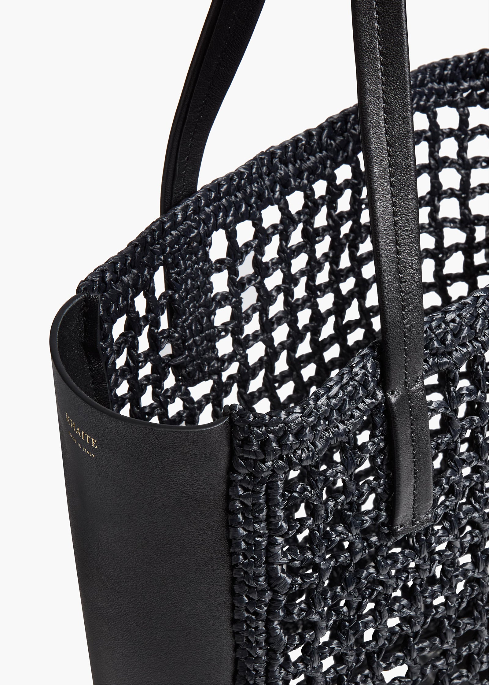 Small Zoe Tote in Black Raffia with Black Leather DETAILED VIEW